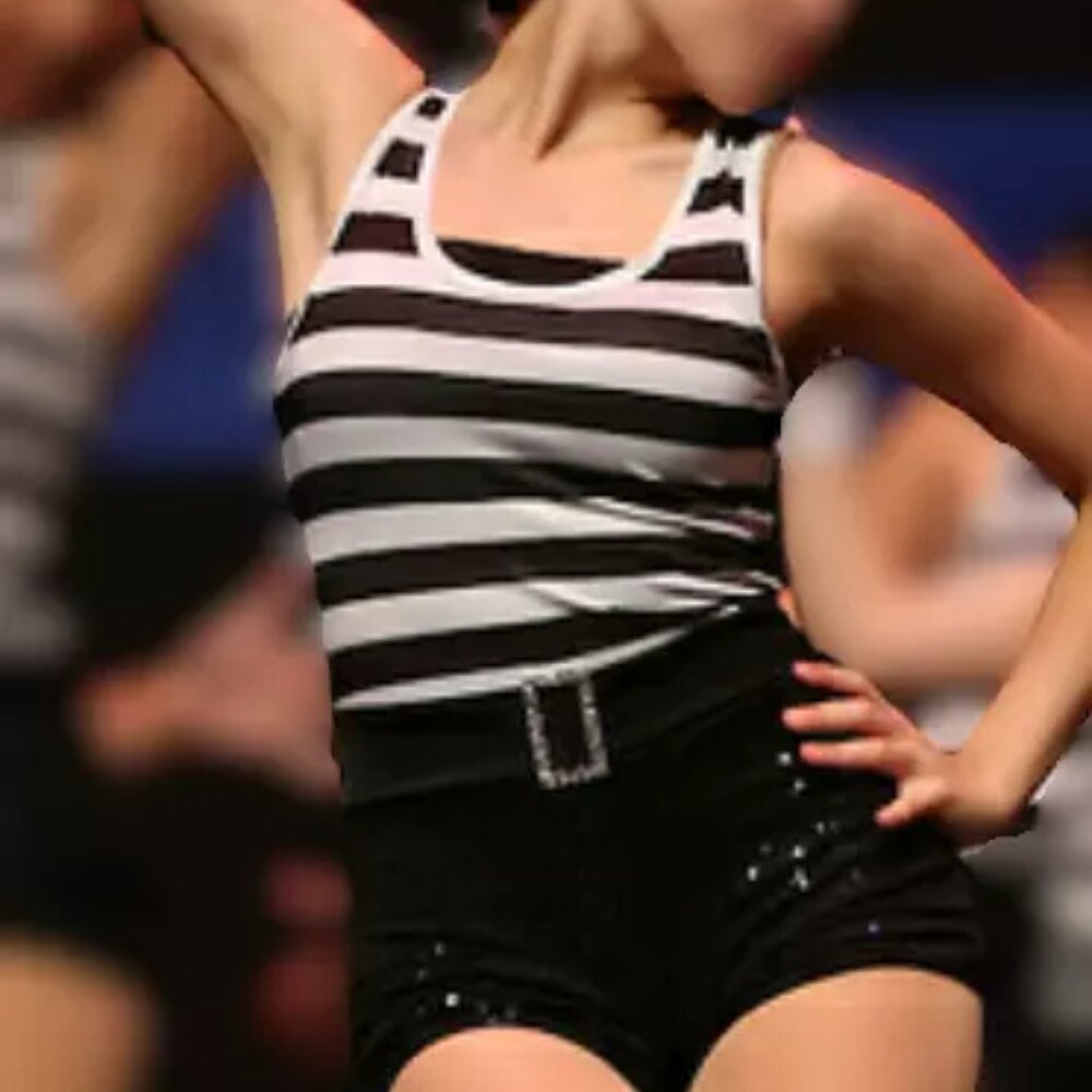 JAZZ DANCE COSTUME SMALL ADULT 12-16 YO WHITE BLACK STRIPES  REVOLUTION DANCEWEA